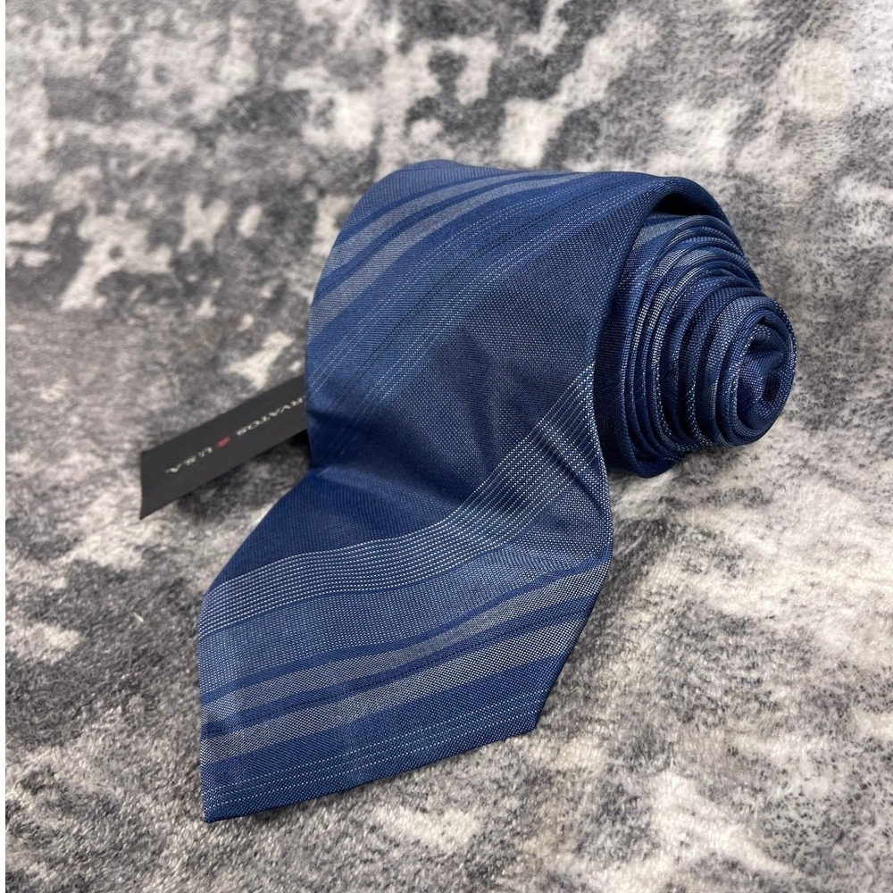 John Varvatos Star USA Silk Tie Blue Silver Metallic Stripe Made in Italy NWT